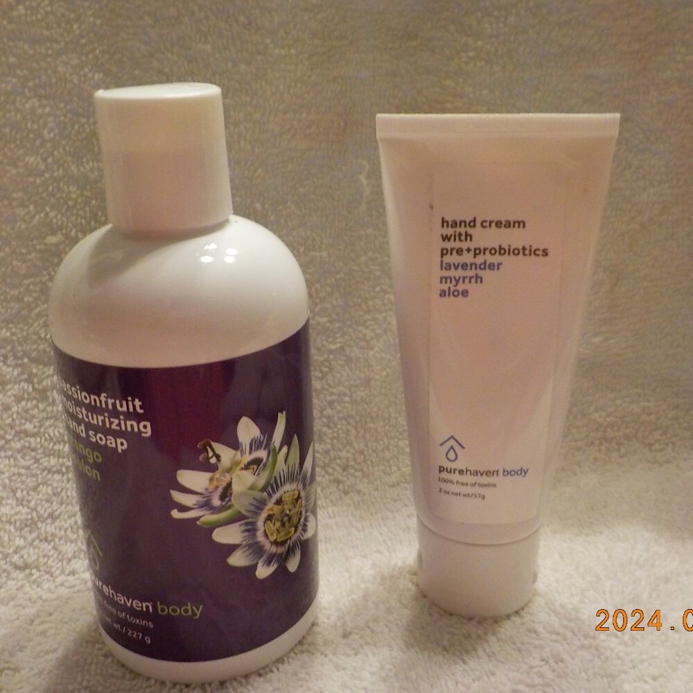 purehaven body passion fruit sand soap 8 oz + hand cream w/ pre+probiotics 2oz